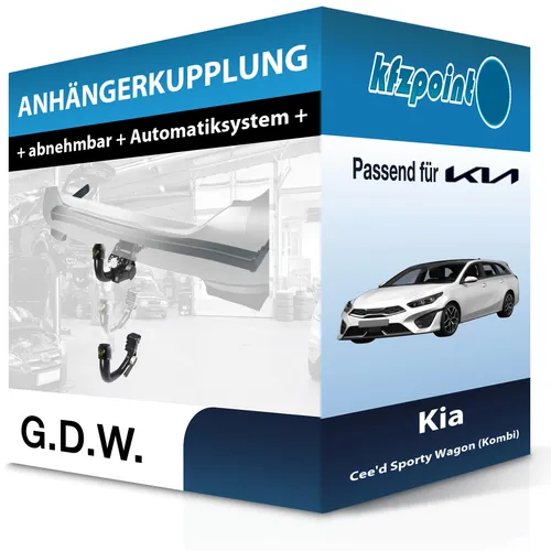 G.D.W. Abnehmbare Anhängekupplung für Kia Cee'd Sporty Wagon (Kombi) - Anhängerkupplung von G.D.W., abnehmbar und ohne Eintragung in Fahrzeugpapiere, ideal für Kia Cee'd Sporty Wagon (ab 2018), Anhängelast bis 1600 kg.