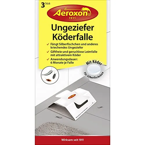 AER Silberfischfalle 3 Stück - Ungiftige Innenfalle, 6 Monate aktiver Köder für effektive und schmerzfreie Bekämpfung