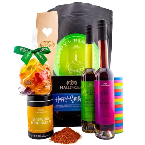 Hallingers Genuss Manufaktur Feinkost Geburtstagsgeschenk-Set - XXL-Wundertüte "Happy Birthday ..." großer Geburtstagsgruß Olivenöl, Essig, Gewürz, Schoki, Bärchen & mehr, Geschenke für Frauen Männer