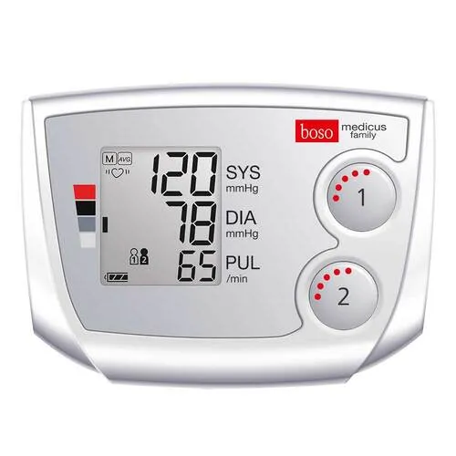BOSO medicus family Universalmanschette - Vollautomatisches Blutdruckmessgerät mit Testsieger-Auszeichnung, ideal für Partner mit zwei Speichern für je 30 Messungen und Universalmanschette für Armumfänge 22-42 cm.