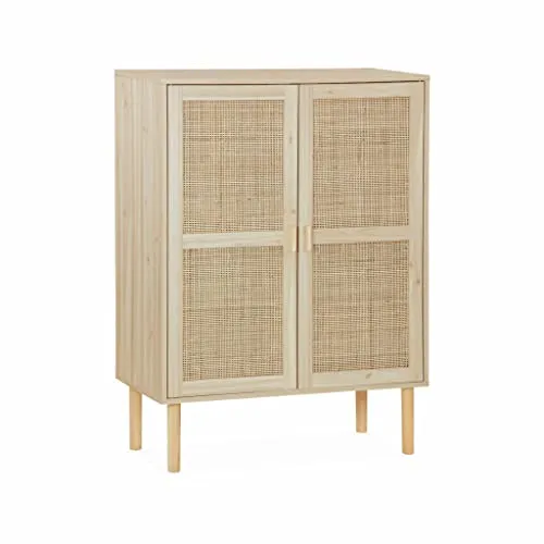 Alice's Home Aufbewahrungsschrank Camargue - Holzoptik und Rohrgeflecht, 2 Türen - Schränke für das Heimbüro, stilvoll in Holzoptik mit elegantem Rohrgeflecht, ideal für eine ordentliche und ansprechende Büroorganisation.