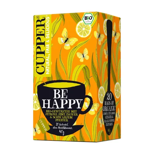 Cupper Tee Be Happy, Gewürztee, BIO, 20 Teebeutel - Bio Gewürztee mit zitroniger Frische und scharf-würziger Zimt-Ingwer-Note. Ideal für entspannende Momente, 40g in hochwertiger Aromaschutzumhüllung.