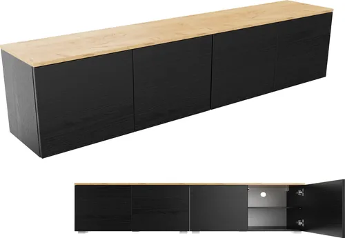 PLATAN ROOM Lowboard TV-Schrank 90/180 cm – Modernes Sideboard in Eiche Matt/Schwarz Matt - Vielseitiges Lowboard für Wohnzimmer oder Arbeitszimmer. Mit eleganter Eiche-Oberfläche und praktischen Push-to-Open Türen für einfachen Zugriff. Ideal für eine aufgeräumte und stilvolle Einrichtung.