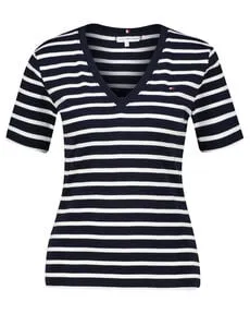 Tommy Hilfiger Damen T-Shirt Kurzarm Slim Cody V-Ausschnitt - T-Shirts für Damen, aus 100% regenerativer Baumwolle, atmungsaktiv und perfekt für warme Tage. Klassisches Design in Blau mit schmaler Passform und V-Ausschnitt.