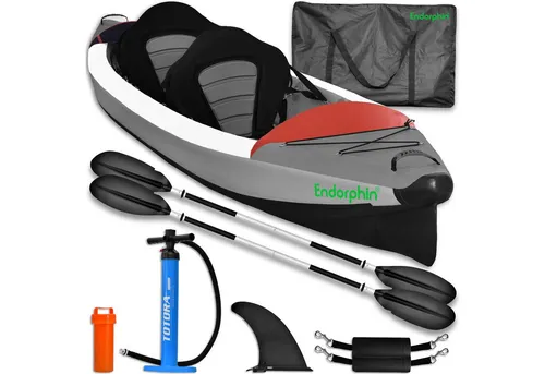 Endorphin Zweierkajak - Aufblasbares Drop Stitch Kajak für 2 Personen - Kanus - Hochwertiges 3-Kammer-System, belastbar bis 290 kg, inkl. Komplettset mit Alupaddeln, Handpumpe und Tragetasche für unvergessliche Wasserabenteuer.