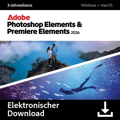 Adobe Photoshop & Premiere Elements 2026 Download-Code - Bild- und Videobearbeitung leicht gemacht mit KI-Technologie. Ideal für kreative Projekte auf Windows & Mac mit 3 Jahren Laufzeit.