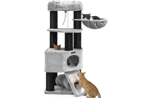 FEANDREA Kratzbaum 141 cm - Stabiler Katzenbaum mit Kippschutz - Kratzbäume für Katzen, 4 Ebenen, 2 Liegemulden, stabiler Kippschutz für sichere Nutzung, ideal für aktive Katzen.