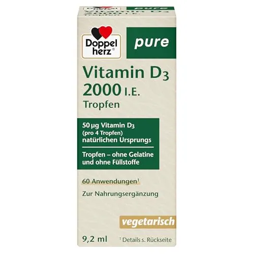 Doppelherz pure Vitamin D3 2000 I.E. Tropfen - Nahrungsergänzungsmittel für gesunde Knochen und Gelenke, fördert das Immunsystem und unterstützt die Calciumaufnahme, ideal in der sonnenarmen Jahreszeit.