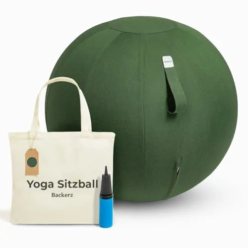 Backerz Sitzball Büro Ergonomisch 65 cm, Ergonomische Sitzmöbel für Büro und Heimbüro, Langlebiger Stoff, Gymnastikball - Fitness-Ball, Ballstuhl mit Ballauflage - Waschbarer Leinenbezug - Olivgrün