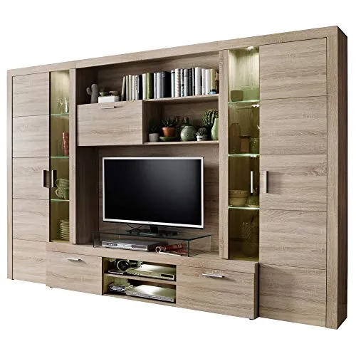 trendteam smart living Anbauwand Wohnwand Mondeo - 291 x 197 x 41 cm, moderne Eiche Sägerau hell, inklusive TV-Lowboard und Vitrinen mit Beleuchtung