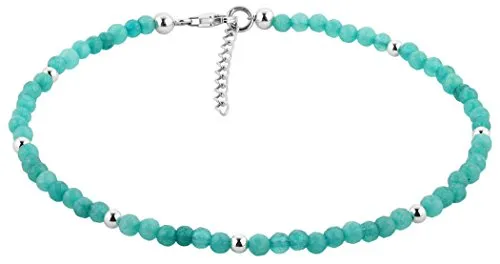 Nenalina Fußkettchen Silber Boho Fashion aus türkisen Perlen und Silberkugeln, Damen Knöchel Stein Armband verstellbar für Damen und Mädchen, Länge 25-28 cm, 925 Sterling Silber, 281001-004