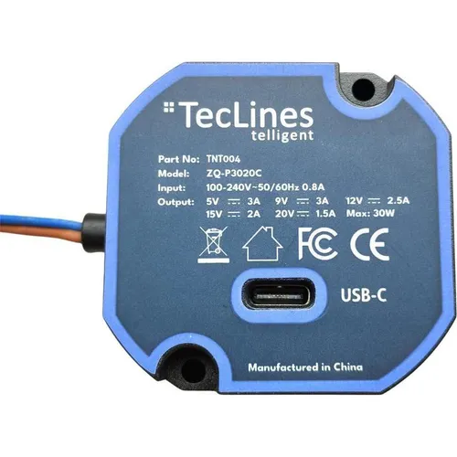 TecLines TNT004 Wandeinbau USB Tablet Unterputz Netzteil 30W - Kompaktes Unterputz-Netzteil mit USB-C-Anschluss, ideal für die Stromversorgung von Tablets. Hohe Leistung von 30W, vielseitig einsetzbar und platzsparend.
