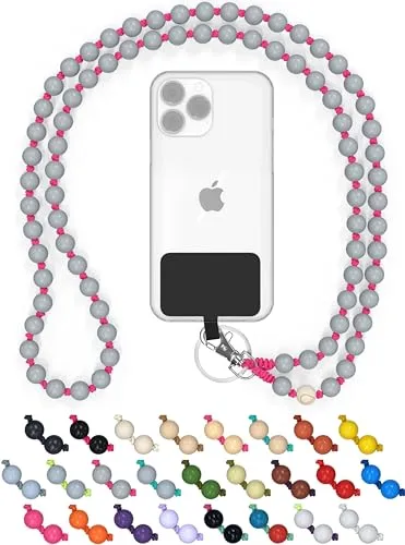 DROPLETSY Holzperlen Handykette universal, handgefertigt, Schlüsselband, Kette, Necklace zum Umhängen - kompatibel mit allen Smartphones: Apple iPhone, Samsung Galaxy (ohne Hülle, Pink Shark)