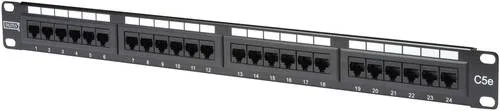 DIGITUS 19-Zoll Cat-5e Patchpanel - 24-Port RJ45 - Ethernet-Patchpanel für Rack-Montage, ideal für schnelle Netzwerkverbindungen bis 1 Gbit/s, ungeschirmt und platzsparend in 1HE-Format.