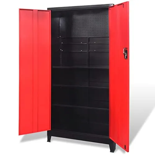 vidaXL Werkzeugschrank mit 2 Türen - Praktische Aufbewahrungslösung in Schwarz/Rot - Werkstatteinrichtung mit 3 herausnehmbaren Regalen, kratzfester Beschichtung und 40 kg Tragfähigkeit pro Regal. Ideal für die stilvolle Aufbewahrung Ihrer Werkzeuge.