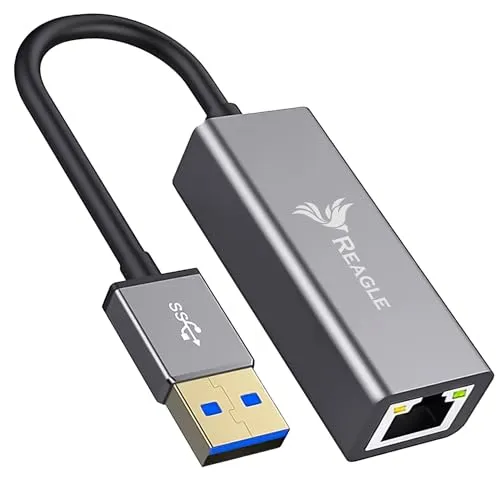 Reagle USB-A auf Ethernet Adapter, Gigabit Netzwerkadapter, SuperSpeed USB 3.2 Gen 1, 1000 Mb/s, Plug & Play, Aluminiumgehäuse, LED-Anzeigen, Kompatibel mit Windows/Mac/Linux, 13cm Kabel