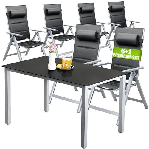 Casaria® Gartenmöbel Set Gartentisch 6 Stühle Klappbar Alu inkl. Kopfkissen 8-Fach verstellbare Rückenlehne 150x90cm Wetterfest Outdoor Terrasse Balkon Sitzgruppe Silber