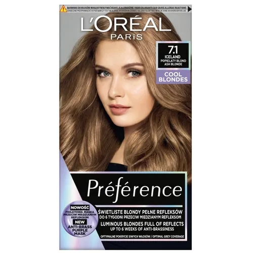L’Oréal Paris Préférence Haarfarbe 7.1 Ashy Blond - Permanente Haarfarbe für Damen, sorgt für langanhaltende, lebendige Farbe und perfekten Glanz, ideal zum Kaschieren grauer Haare.