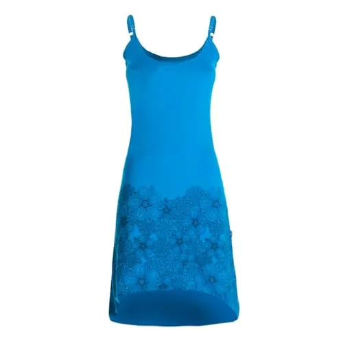 Vishes Damen Sommerkleid mit Spaghettiträgern in Blau - Handgefertigt aus 100% Baumwolle - Handgefertigtes Sommerkleid in Größe M (38) aus weicher Jersey-Baumwolle. Ideal für heiße Tage, vielseitig kombinierbar für Freizeit und Büro. Mit verspieltem Blumen-Print und verstellbaren Trägern für optimalen Tragekomfort.