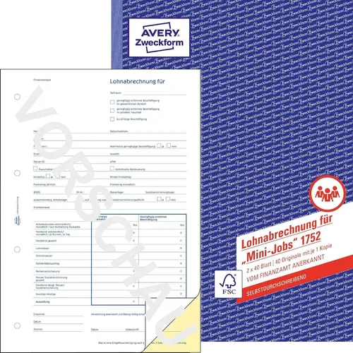 AVERY Zweckform Formularbuch Lohnabrechnung Minijob A4 SD 2 x 40 Blatt