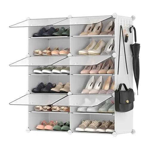 SONGMICS Schuhregal, Schuhschrank, für Garderobe und Eingangsbereich, anpassbar, 6 Fächer, für bis zu 24 Paar Schuhe, wolkenweiß-transparent LPC033W01