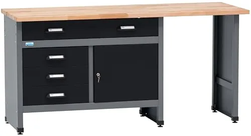 KÜPPER Werkbank 12037 mit 4 Schubladen und 1 Tür - Robuste Werkbank in ultramarinblau, ideal für Werkstätten. Mit 300 kg Traglast und praktischem Sitzraum bietet sie viel Platz für Ihre Werkzeuge und Materialien.