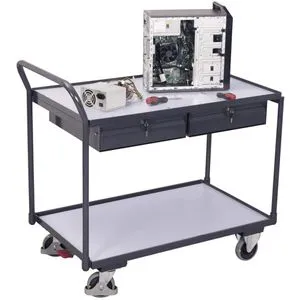 VARIOfit Tischwagen sw-600.959 - ESD Metall & Holz, 250kg Tragkraft - ESD-Wagen mit 2 robusten Etagen aus Holz, ideal für sensible Elektronik. Gesamttragkraft von 250kg, ausgestattet mit TPE-Rollen und abschließbaren Schubladen.