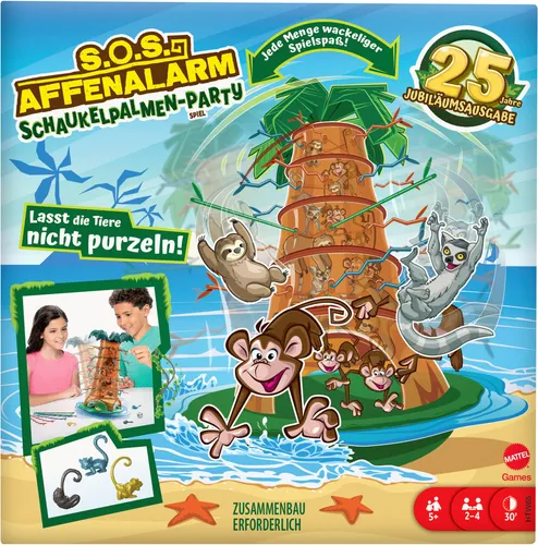 S.O.S. Affenalarm: Schaukelpalmen-Party - 25 Jahre Jubiläumsspiel, spannende Herausforderung mit wackelndem Baumturm und verschiedenen Tierarten für Kinder ab 5 Jahren