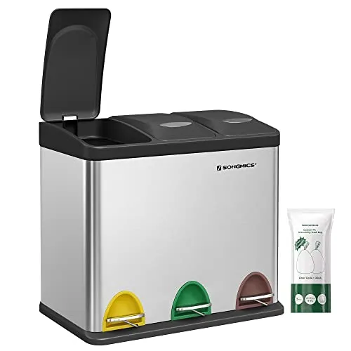 Songmics Mülleimer LTB24L, 3 x 8 Liter, silber - Edelstahl Treteimer mit 3 Inneneimern für müheloses Mülltrennen. Soft-Close Deckel sorgt für leises Schließen und verhindert unangenehme Gerüche. Ideal für Küche und Büro.