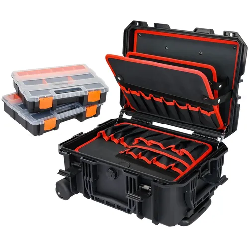 HMF Werkzeugkoffer 15604-02 Outdoor Werkzeugtrolley - Robuster und wasserdichter Werkzeugkoffer mit 41 Fächern, ideal für Handwerker und Outdoor-Enthusiasten. Praktischer Trolley mit Rollen für einfachen Transport.