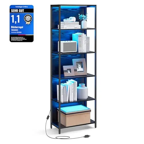 VASAGLE Bücherregal mit LED-Beleuchtung – 6 Ebenen, stabil und modern - Vielseitiges Standregal mit einstellbarer LED-Beleuchtung in 25 Farben und 6 Helligkeitsstufen. Ideal für Wohnzimmer, Schlafzimmer oder Arbeitszimmer. Kompakt und stabil, gefertigt aus Holzspanplatte und Stahl.