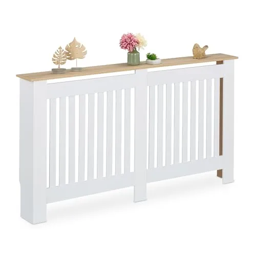relaxdays Heizungsverkleidung XL, weiß mit Lamellen - Heizkörperverkleidung in modernem Lamellendesign, ideal zur optischen Aufwertung und Sicherheit in Wohnräumen. Praktische Holzoptikablage für Dekoration und einfache Montage ohne Bohren.