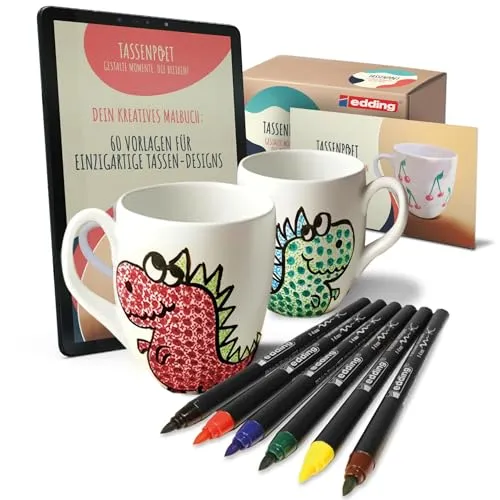 Veluxis TassenPoet Tassen-Malset - Malset für Kinder – Gestalte 2 spülmaschinenfeste Keramik-Tassen mit 6 edding Porzellanmalstiften. Perfekt für kreative Stunden und ein ideales Geschenk für alle Altersgruppen!