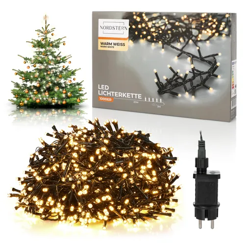 Nordstern LED-Lichterkette WarmWeiß 1.000 LED - 20 m für Weihnachtsdeko - Vielseitige LED-Lichterkette mit 1.000 warmweißen LEDs und 20 m Länge, ideal für stimmungsvolle Weihnachtsdekorationen sowohl drinnen als auch draußen. Wasserdicht und langlebig für zuverlässige Festbeleuchtung.