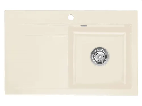 Systemceram Stema 80 Magnolie Keramikspüle - Keramikspüle in Magnolie, glänzend, ideal für Unterschränke ab 45 cm, mit Handbetätigung und praktischem Becken rechts für optimale Nutzung.