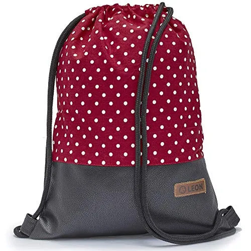 By Bers Leon großer Premium Turnbeutel mit Innentaschen Rucksack Tasche Damen Herren Teenager Gym Bag Draw String 45x34cm für Sport Reise Alltag Einkauf (WeißRot_SchwarzPUKunstlederDots)