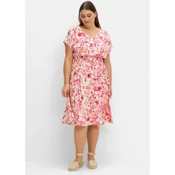 Sommerkleid SHEEGO "Sommerkleid", Damen, Gr. 58, Normalgrößen, beige (champagner, bedruckt), 100% Viskose, V-Ausschnitt, Kurzarm, Kleider