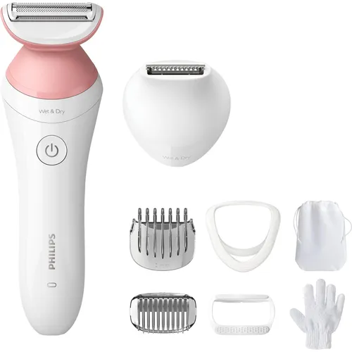 PHILIPS Lady Shaver Series 6000 - Kabelloser Rasierer mit 6 Zubehörteilen, sanfte und hautschonende Rasur für empfindliche Körperpartien