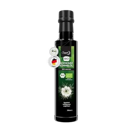 Sunnah Shop® Bio Schwarzkümmelöl ungefiltert kaltgepresst 250ml - Black Seed Oil Organic aus ägyptischen Nigella Sativa - 100% rein Schwarzkümmelöl Bio Kaltgepresst - lichtgeschützt in Glasflasche