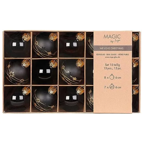 Weihnachtskugeln Glas 6cm x 15 Stück in Kartonbox Christbaumkugeln schwarz - Ebony Black
