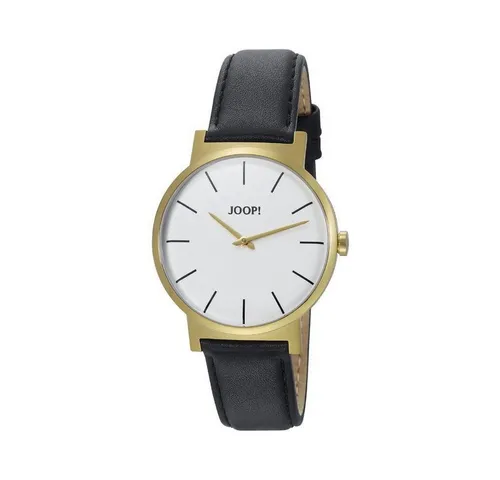 JOOP! Quarzuhr JP100841F04, stilvolle flache Uhr ohne Sekundenzeiger - Elegante Quarzuhr mit analoger Anzeige und glänzendem Edelstahlgehäuse. Leicht und komfortabel, ideal für jeden Anlass. Wasserdicht bis 3 bar und mit stilvollem schwarzen Lederarmband.