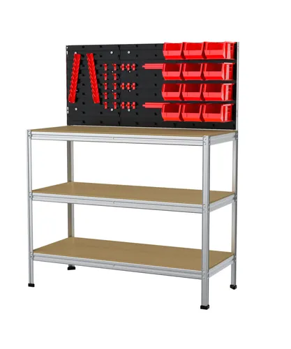 Werkstattregal mit Werkzeugwand & Kästen, Stahl 132 x 104 cm - Robustes Schwerlastregal mit 3 Holzböden, ideal für Werkstätten. Hohe Tragkraft bis 900 kg sorgt für optimale Organisation und Stauraum.