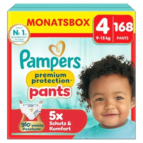 Pampers Baby Windeln Pants Größe 4 Premium Protection - Windeln für Babys von 9-15kg mit 360° Bauchbündchen für maximalen Komfort und Schutz vor Auslaufen. Ideal für aktive Babys und einfach im Wechsel.