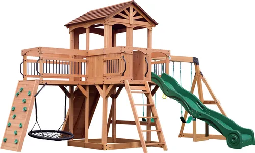Backyard Discovery Sterling Point Spielturm aus Holz XXL | Spielplatz für Kinder mit Schaukeln / Rutsche / Sandkasten / Kletterwand / Nestschaukel | Spielhaus / Kletterturm mit Brücke für den Garten