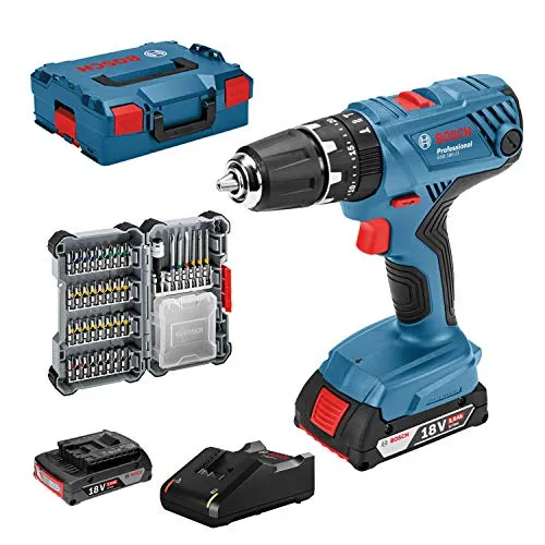 Bosch Professional 18V Akku Schlagbohrschrauber B 18V-21 - Akkuschrauber mit 2x 2,0Ah Lithium-Ionen Akkus und 40-teiligem Zubehörset, ideal für professionelle Anwendungen und vielseitige Projekte.