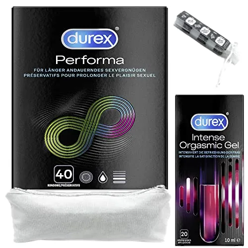 Durex aufregendes Erotik-Set mit Performa Kondomen 40 Stück, Intense Orgasmic Gel 10ml & Accessoirces für Paare