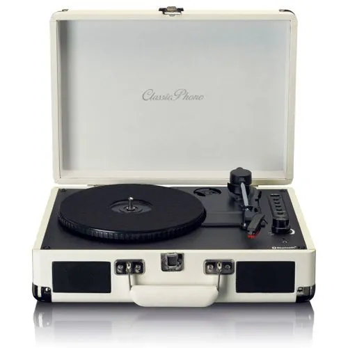 Lenco TT-115CR Plattenspieler Weiß - Retro Bluetooth® Plattenspieler mit eingebauten Lautsprechern, ideal zum Streamen und USB-Aufnehmen von Musik. Genießen Sie exzellente Klangqualität in einem praktischen Koffer-Design.