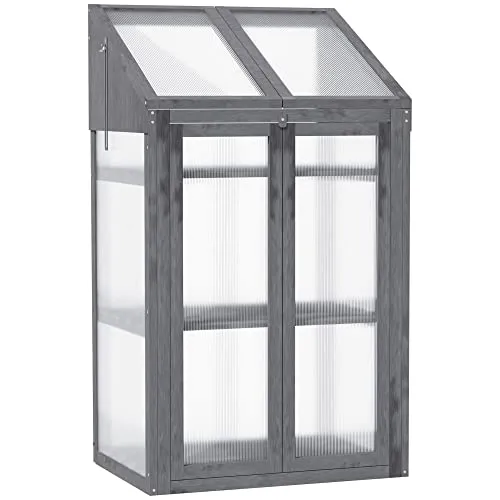 Outsunny Frühbeet aus Holz, Mini Gewächshaus 70 x 50 x 120 cm, Treibhaus mit Abdeckung, Fenster, Doppeltür, lichtdurchlässig Frühbeetkasten mit 3 Regale, Winterfest Hochbeet für Garten, Balkon, Grau