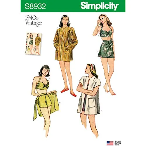 Simplicity Schnittmuster S8932 D5 Damen-Bikinioberteil, Shorts, Wickeltuch, Rock und Mantel, Größe 37-40
