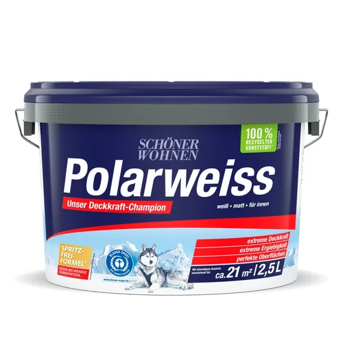 Schöner Wohnen Polarweiss matt Innenfarbe 2,5 L - Innenfarbe mit Klasse 1 Deckkraft, ideal für Wände und Decken. Hochwertige Acrylbasis für langlebige Ergebnisse in einem strahlenden Weiß.